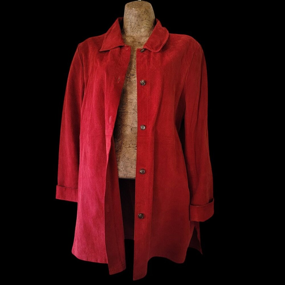 Vintage Red Suede/Leather Button-Front Women's Coat With Folded Collar & Cuffs